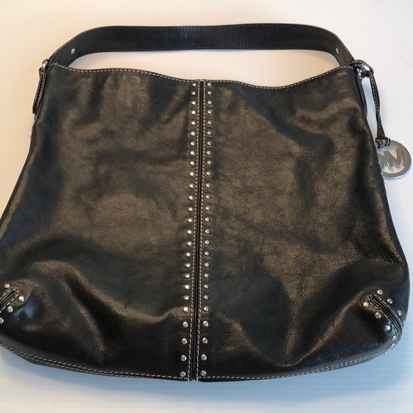 MICHAEL MICHAEL KORS Large Black Leather Tote Shoulder Bag Purse Silver Studs - Picture 1 of 16